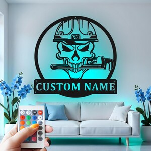 Plumber Skull Custom Sign Metal Wall Decor With Led Light , Plumbing Gift, Custom Sign Metal Wall Decor Decor for Workshop, Garage