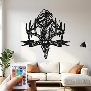 Art en métal personnalisé tête de mort cerf faucheuse : décoration LED chasseur