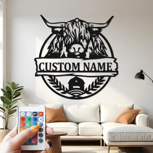 Custom Highland Cow Metal Wall Art: LED Farmhouse Decor