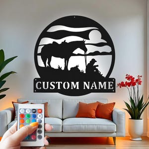 Aangepaste metalen muurkunst cowboy en paard met led-verlichting: decor western ranch