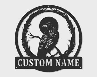 Custom Raven Metal Sign with LED | Personalized Gothic Bird Wall Art