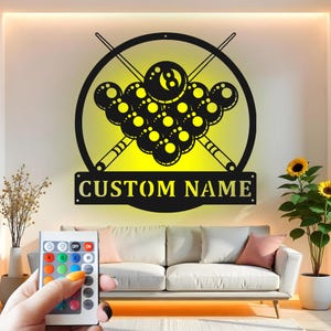 Billiards Custom Sign Metal Wall Decor With Led Light , Pool Table Decor, Pool Player Gift, Game Room Wall Hanging