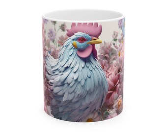 Taza de cerámica con diseño de pollo floral: adorable taza de café estilo granja, regalo perfecto para amantes del pollo, utensilios de cocina de primavera, taza de té única.