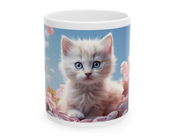 Taza de cerámica con diseño de gato adorable, regalo para amantes de los gatos, diseño floral, perfecta para cualquier ocasión.