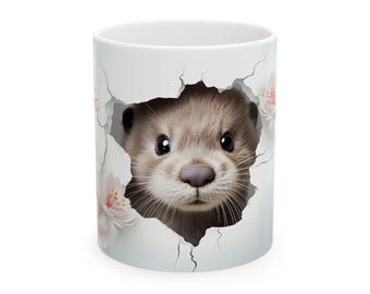 Bonita taza de cerámica con forma de nutria, ideal para amantes de los animales, regalo para amantes de la naturaleza, taza de café con diseño floral, divertida taza con animales.