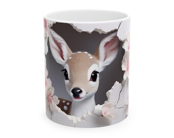 Taza con diseño de ciervo: adorable diseño animal, regalo de primavera, decoración floral, colección para amantes del café, decoración para el hogar y el jardín.