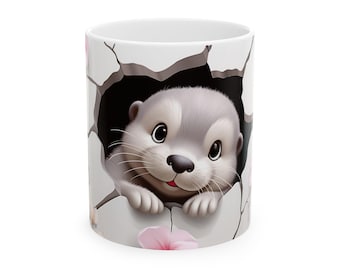 Bonita taza de cerámica con forma de nutria, ideal como regalo para amantes de los animales, ideal para el hogar y la oficina, regalo de cumpleaños, diseño floral.