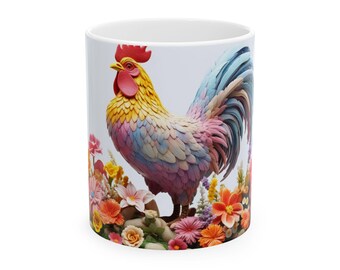 Taza de cerámica con diseño de gallo colorido - Decoración rústica, regalo para amantes de los animales, taza de café, menaje de cocina, taza floral, 325 ml y 433 ml