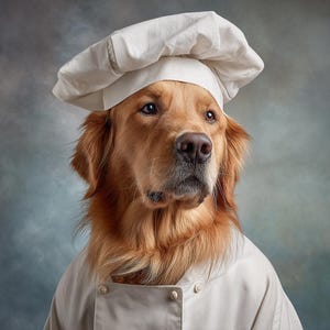 Puede incluir: Un perro golden retriever que lleva un gorro de chef blanco y una chaqueta de chef blanca de doble botonadura con botones pequeños. El perro tiene pelaje largo de color marrón dorado, ojos oscuros y nariz oscura, mirando hacia la derecha.