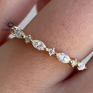 Alternating Round and Marquise Moissanite Wedding Band Womens Full Eternity Moissanite Wedding Band Solid 14K White Gold Anniversary Gift