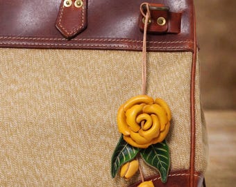 Handmade Leather Rose Keychain, Handmade Leather Flower Charm, Rose Purse Charm, Bag Charm Accessories, Gift for Her
