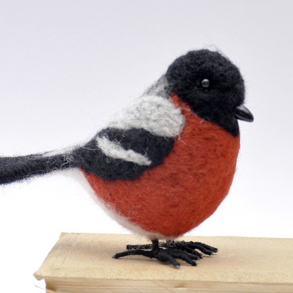 Handmade felted wool bird bullfinch