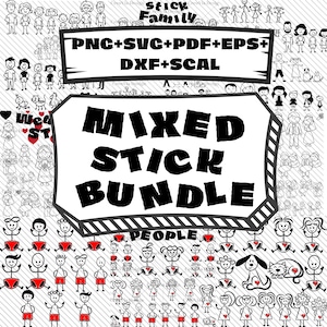 Stick Family SVG Clipart Bundle, Stick Figure PNG dXF EPS, Family Sticker Design, Kids and Pets Outline, Digital Download, Stick People