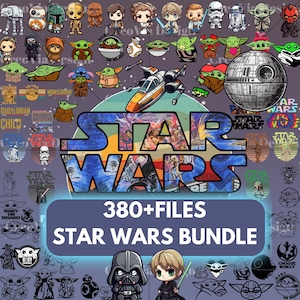 May include: A digital download bundle of over 380 Star Wars themed images. The images feature characters, vehicles, and logos from the Star Wars franchise. The images are in a variety of styles, including cartoon, realistic, and minimalist.