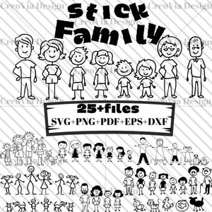 Stick Family SVG Clipart Bundle, Stick Figure PNG dXF EPS, Family Sticker Design, Kids and Pets Outline, Digital Download, Stick People