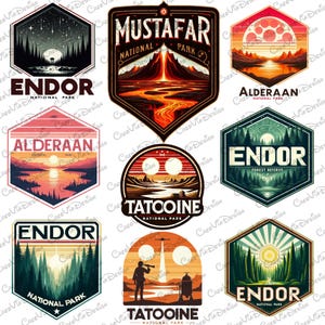May include: A selection of nine travel-themed designs, each with a distinct landscape and text. Designs include "Endor National Park," "Mustafar National Park," and "Tatooine National Park," with diverse colour schemes and geometric shapes.