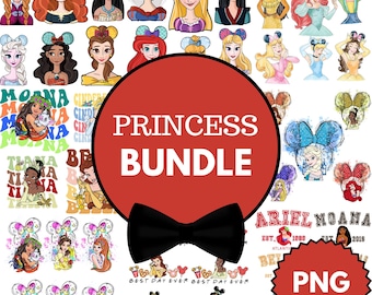 May include: A digital download of 20 Disney princess images with mouse ears. The images are in a collage format with a red circle in the centre that says "Princess Bundle". The images are in a cartoon style and feature princesses like Moana, Cinderella, Ariel, and Tiana.