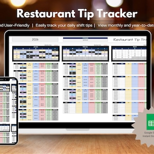 Puede incluir: Un rastreador digital de propinas de restaurante que se muestra en una computadora portátil y un teléfono inteligente. La hoja de cálculo muestra las ganancias mensuales y anuales, con el texto "Restaurant Tip Tracker" en la parte superior. El icono de Google Sheets es visible.