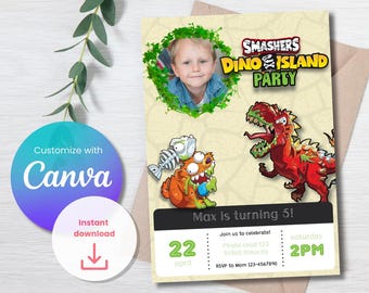 Smashers Dino Island Birthday Invitation With Photo: Editable Canva Template (Digital Download)