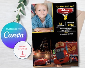 Cars Birthday Invitation with Photo — Race Flag
