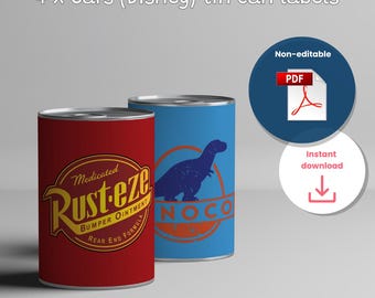 Cars Tin Can Labels — Rust-eze & Dinoco