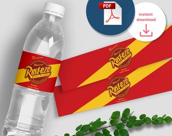Etykiety na butelki Cars Rusteze: dekoracja imprezowa McQueen (plik do pobrania w wersji cyfrowej, plik PDF nieedytowalny)