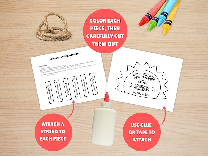 May include: A craft kit with instructions for a mobile. Includes two white paper sheets with text and a sun design, a bottle of glue, a coil of rope, and crayons. The text reads "Let Your Light Shine" and "Matthew 5:16".