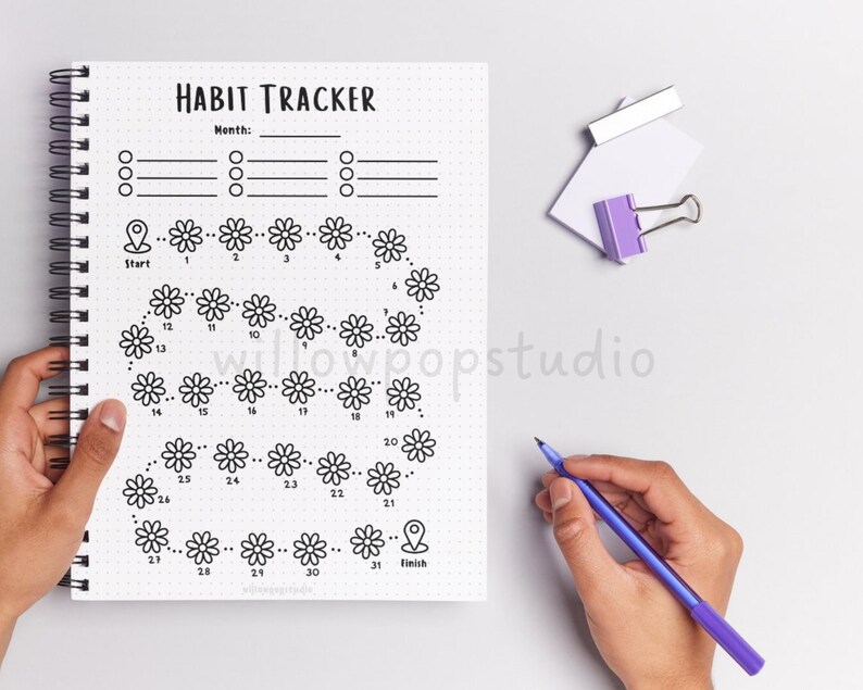 May include: A spiral-bound habit tracker notebook with a white page featuring black text that reads HABIT TRACKER, Month, Start, and Finish. The page includes a dotted grid pattern and a path of thirty-one numbered flower icons for tracking.