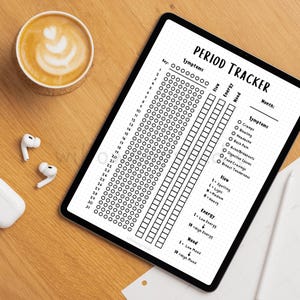 May include: A digital tablet displaying a black and white period tracker template with the text PERIOD TRACKER, a numbered list from 1 to 31, columns for flow, energy, and mood, and a checklist of symptoms including cramps, bloating, and headaches.