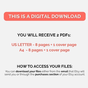 May include: A digital download graphic with text in a red rounded rectangle that reads "THIS IS A DIGITAL DOWNLOAD". Below, text states "YOU WILL RECEIVE 2 PDFs: US LETTER - 8 pages + 1 cover page A4 - 8 pages + 1 cover page".