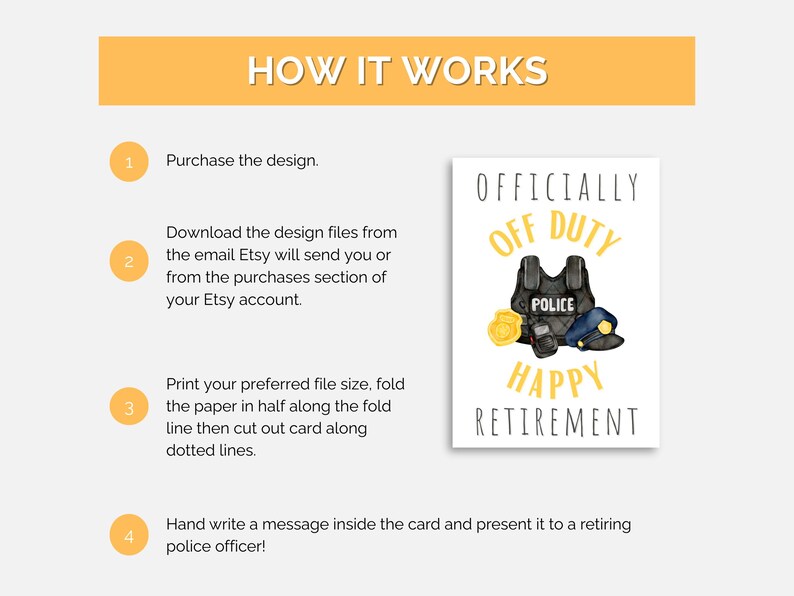 May include: A printable card with instructions on how to create a retirement card for a police officer. The card features a police officer's vest, a badge, and a hat with the text "Officially Off Duty Happy Retirement".