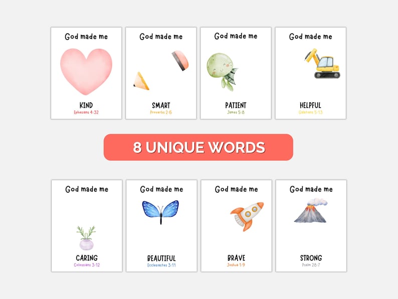 May include: A set of eight cards with the words "God made me" at the top. Each card features a different word: Kind, Smart, Patient, Helpful, Caring, Beautiful, Brave, and Strong, along with a corresponding illustration and Bible verse.