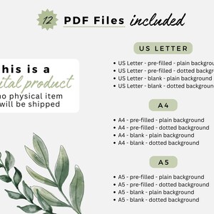 May include: A digital product listing featuring 12 PDF files in US Letter, A4, and A5 sizes. The text states this is a digital product and no physical item will be shipped. Options include pre-filled or blank pages with plain or dotted backgrounds.