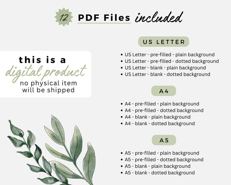 May include: A digital product listing featuring 12 PDF files in US Letter, A4, and A5 sizes. The text states this is a digital product and no physical item will be shipped. Options include pre-filled or blank pages with plain or dotted backgrounds.