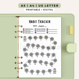 May include: A printable habit tracker page in a light green binder. The page features the text Habit Tracker, Month: August, and a path of 31 numbered flower icons. It includes a legend with colored circles for tasks like Read 20 mins and 8 hours of sleep.