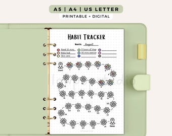 May include: A printable habit tracker page in a light green binder. The page features the text Habit Tracker, Month: August, and a path of 31 numbered flower icons. It includes a legend with colored circles for tasks like Read 20 mins and 8 hours of sleep.