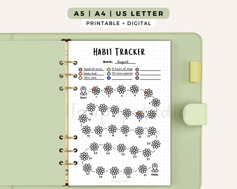 May include: A printable habit tracker page in a light green binder. The page features the text Habit Tracker, Month: August, and a path of 31 numbered flower icons. It includes a legend with colored circles for tasks like Read 20 mins and 8 hours of sleep.