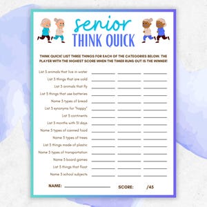 Senior Think Quick Game, Ouderengames, Seniorengames, Ouderenactiviteit, Ouderenafdrukbaar, Ouderenzorg, Senioren, Geheugenspel