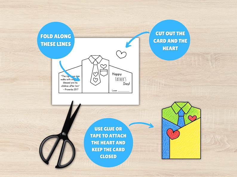 May include: A Father's Day card template in the shape of a shirt, with instructions and a completed example. The card includes the text "Happy Father's Day!" and a Bible verse. A pair of black scissors is also present.