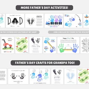 May include: A collection of Father's Day crafts and activities, including handprint art, footprint art, and cards. The designs feature the word "DAD", footprints, and handprints in various colors. Text includes "Happy Father's Day" and "Father's Day Crafts for Grandpa Too!"