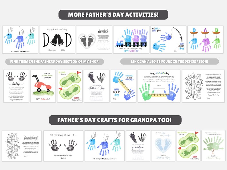 May include: A collection of Father's Day crafts and activities, including handprint art, footprint art, and cards. The designs feature the word "DAD", footprints, and handprints in various colors. Text includes "Happy Father's Day" and "Father's Day Crafts for Grandpa Too!"