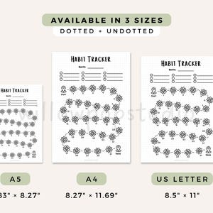 May include: Three habit tracker sheets with black ink on white paper, featuring a daisy-themed path from start to finish. Text includes 'HABIT TRACKER', 'Month:', 'Start', and 'Finish'. Sizes are A5 (5.83" x 8.27"), A4 (8.27" x 11.69"), and US Letter (8.5" x 11").