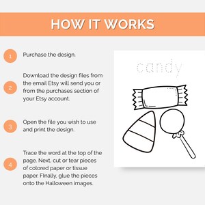 May include: A white page with the word "candy" in dotted letters, along with line drawings of a wrapped candy, candy corn, and a lollipop. The image also includes instructions on how to use the design.