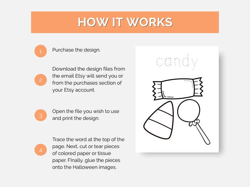 May include: A white page with the word "candy" in dotted letters, along with line drawings of a wrapped candy, candy corn, and a lollipop. The image also includes instructions on how to use the design.