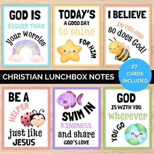 Könnte beinhalten: Ein Set aus sechs farbenfrohen christlichen Lunchbox-Notizen mit inspirierenden Botschaften und niedlichen Illustrationen. Jede Karte zeigt ein anderes Design, darunter ein Regenbogen, ein Stern, eine Biene, ein Marienkäfer, ein Fisch und eine Weltkugel. Das Set enthält 27 Karten.