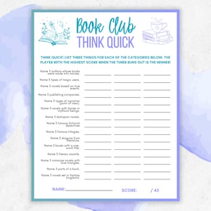Book Club Think Quick Game, Bookish Games, Book Club Icebreaker, Book Club Activity, Book Trivia, Bookclub Meeting, Book Club Discussion