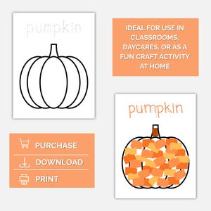 May include: A set of printable pumpkin-themed activity sheets. One sheet features a pumpkin outline with the word "pumpkin" in dotted letters. Another shows a pumpkin filled with orange and yellow shapes. The image includes the words "Purchase", "Download", and "Print".