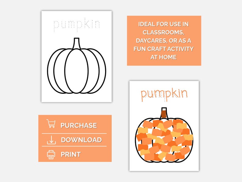 May include: A set of printable pumpkin-themed activity sheets. One sheet features a pumpkin outline with the word "pumpkin" in dotted letters. Another shows a pumpkin filled with orange and yellow shapes. The image includes the words "Purchase", "Download", and "Print".