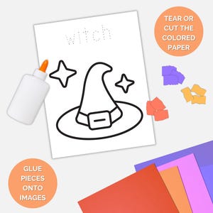 May include: A Halloween-themed craft project featuring a white sheet with a witch hat outline and the word "witch". Includes a glue bottle, colored paper, and instructions to tear or cut the paper and glue pieces onto the image.