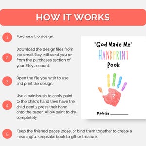 May include: A white "God Made Me" Handprint Book with a colorful handprint design. The image includes instructions on how to use the handprint book, with steps to purchase, download, print, and create a keepsake.